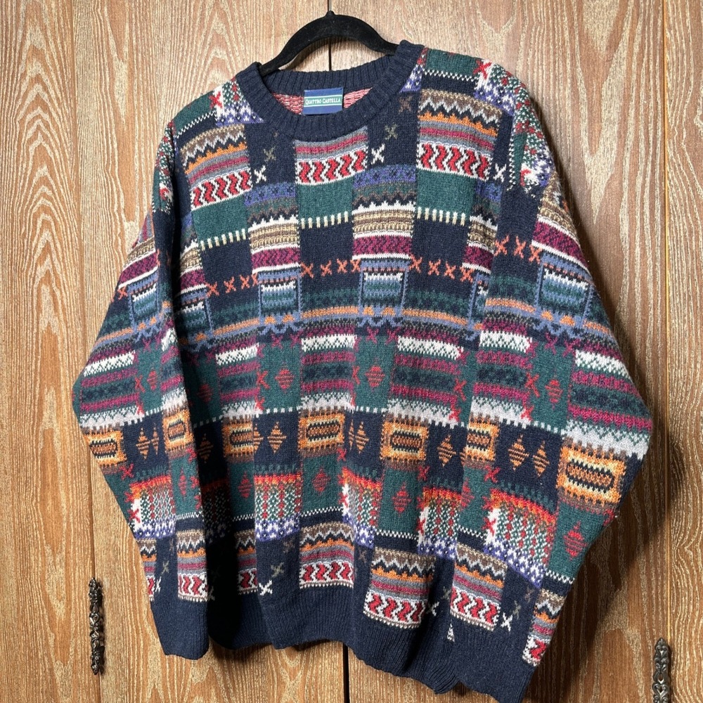Vtg Italy Made Sweater Quattro Castella Men 52 Multicolor Geometric Pattern Wool - Picture 2 of 9